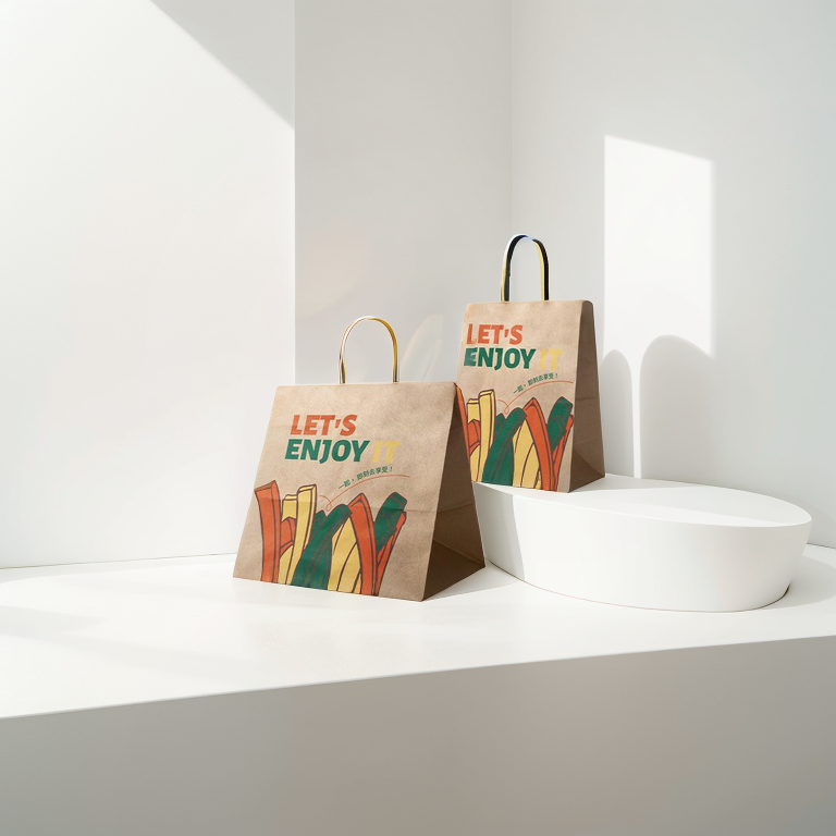 Custom Printed Biodegradable Gift Shopping Bags with Handle,Food Takeaway Packaging Brown Kraft Paper Bag With Logo
