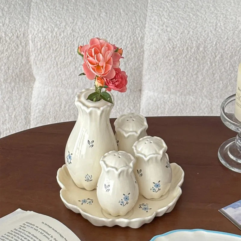Floral Dining Table Ceramic Tray Salt & Pepper Shakers Decoration Ornament Living Room Small Desktop Vase  Dinnerware