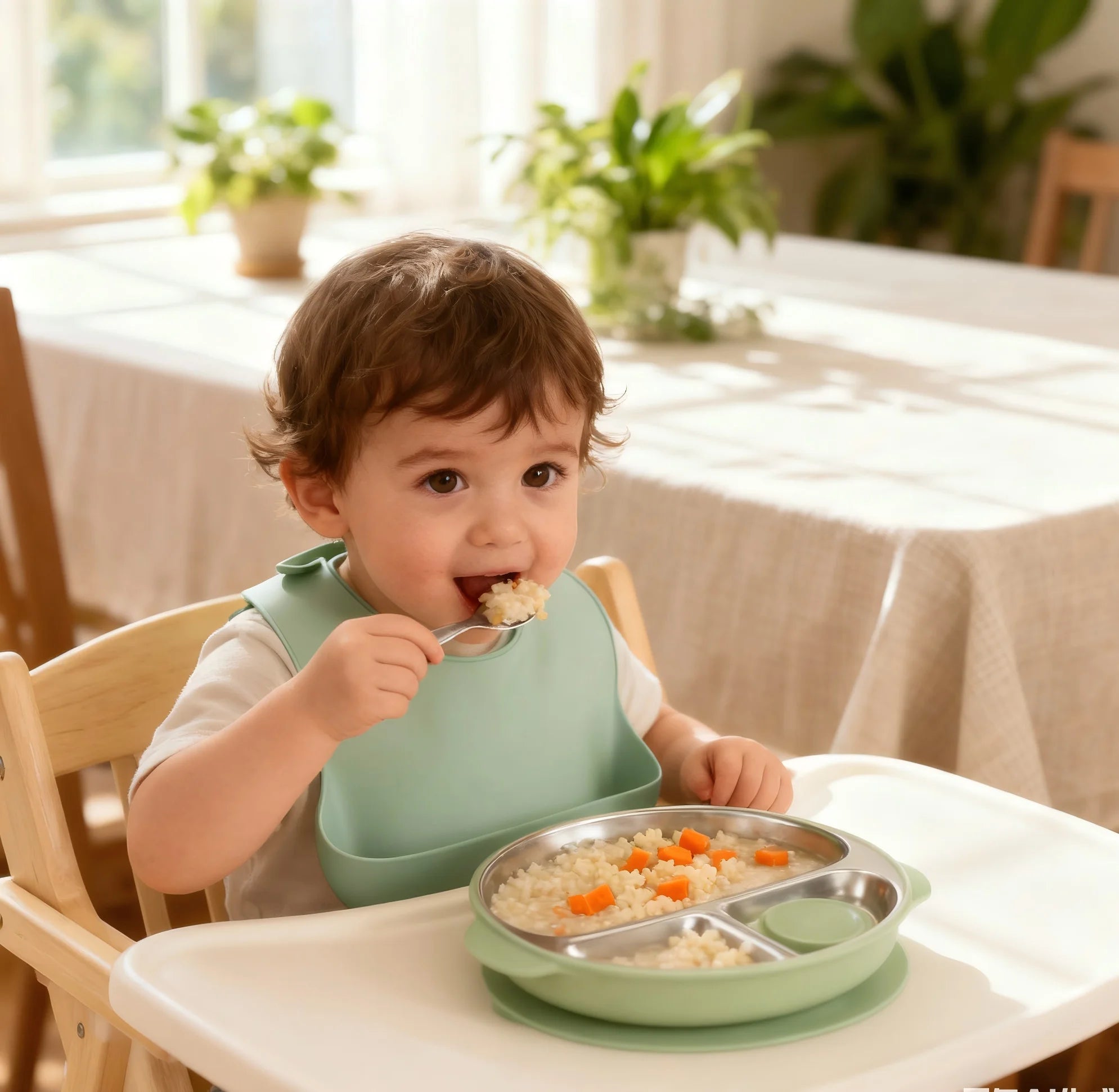 Children's tableware set, made of stainless steel and silicone, high temperature resistant, easy to clean, Christmas gift