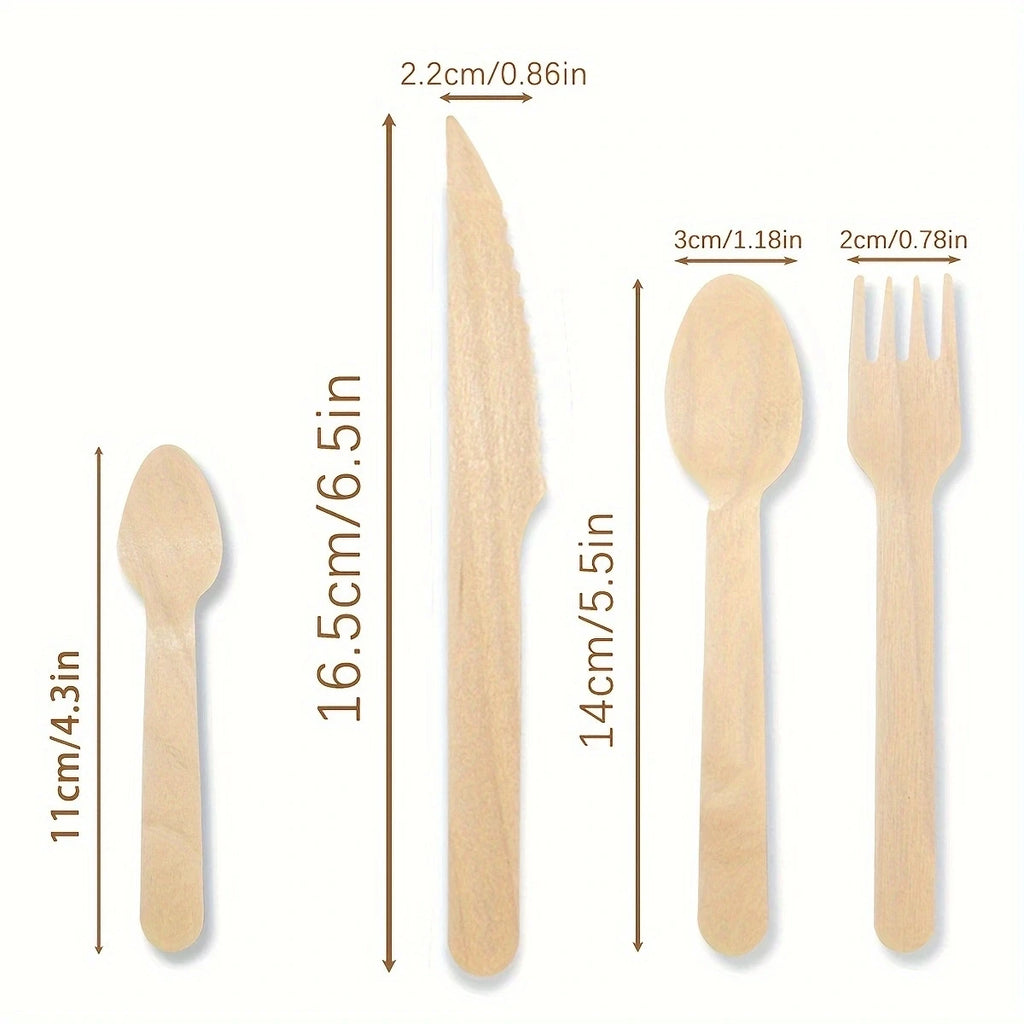 200 Pcs Party Disposable Wooden Tableware Set -(50 Forks, $50, 50 Spoons, 50 Teaspoons), Bamboo Garden Utensil