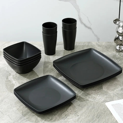 16pcs/Set Square Plastic Dinnerware Set Reusable Wheat Straw Tableware Suit Large Capacity Thickened Dinner Plate Set Salad