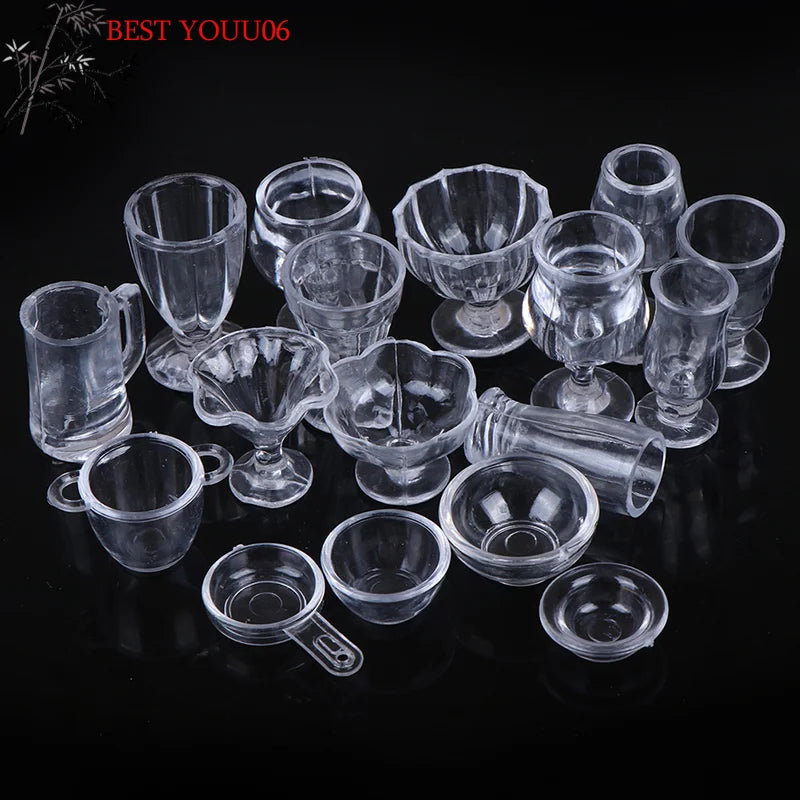 (YOUU06)17Pcs/Set 1:12 Dollhouse Miniature Transparent Tableware DIY Kitchenware Toys