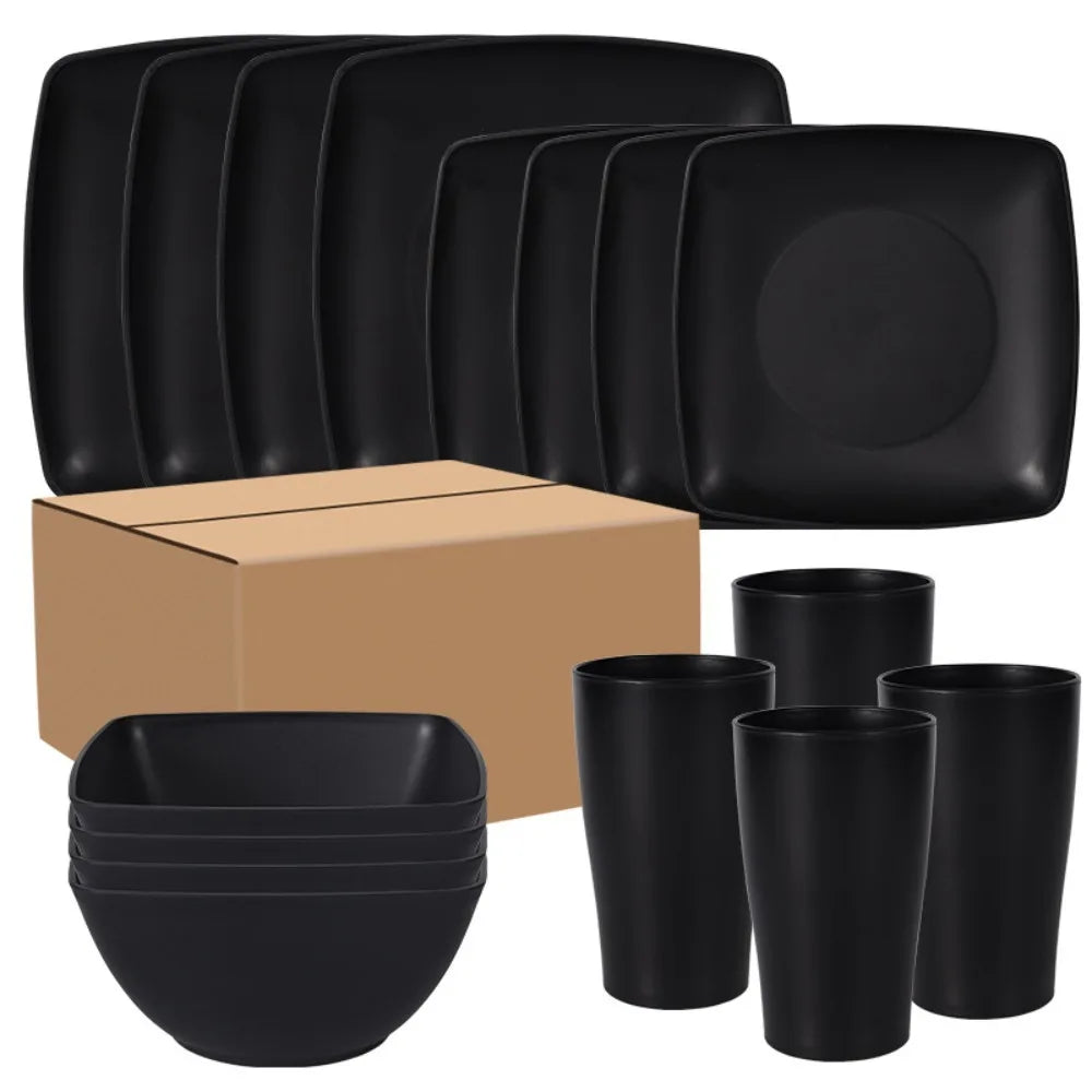 16pcs/Set Square Plastic Dinnerware Set Reusable Wheat Straw Tableware Suit Large Capacity Thickened Dinner Plate Set Salad