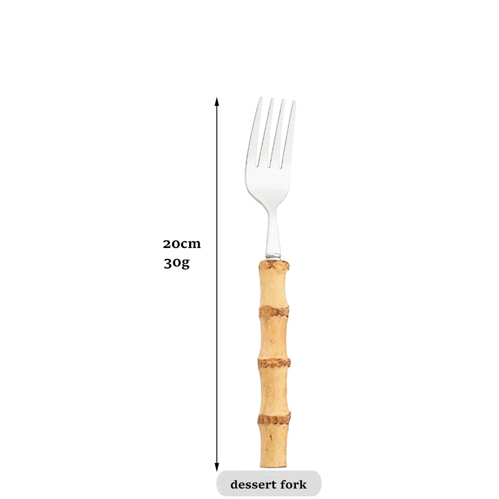 Vintage Stainless Steel Flatware Serving Salad Fork Spoons Dinnerware Bamboo Handle Cutlery Kitchen Accessories Tableware Set