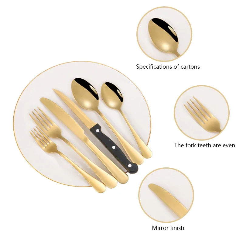 Stainless steel tableware set of 24 includes knife, fork, spoon, tea spoon and tea fork steak knife.