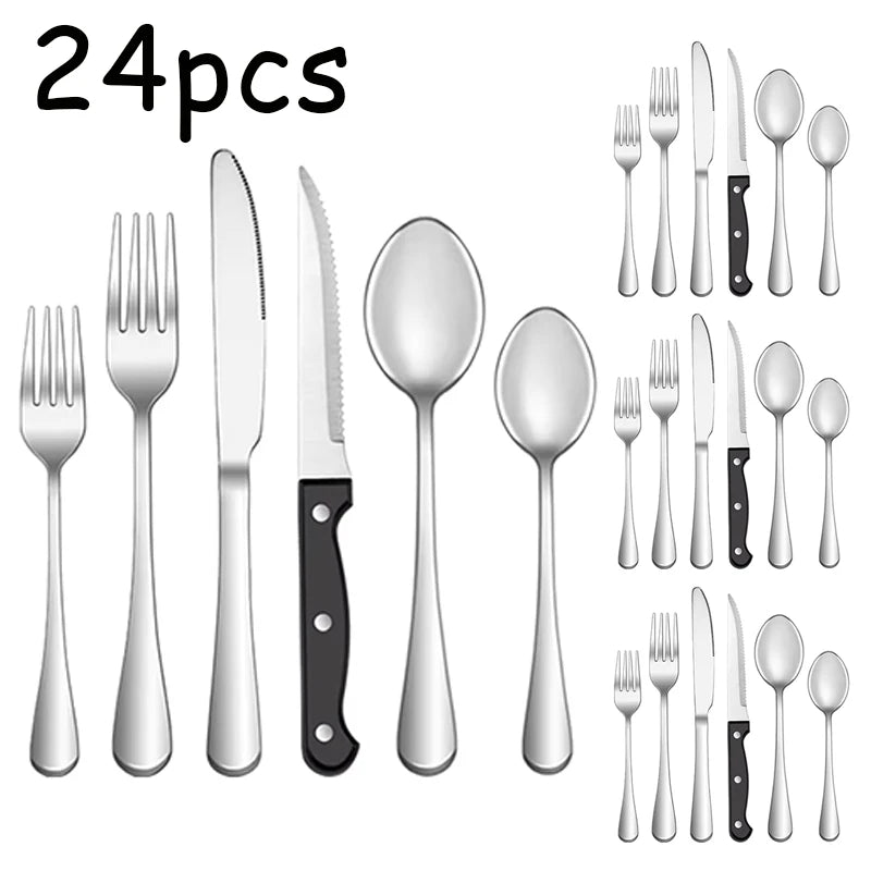 Stainless steel tableware set of 24 includes knife, fork, spoon, tea spoon and tea fork steak knife.