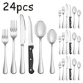 Stainless steel tableware set of 24 includes knife, fork, spoon, tea spoon and tea fork steak knife.