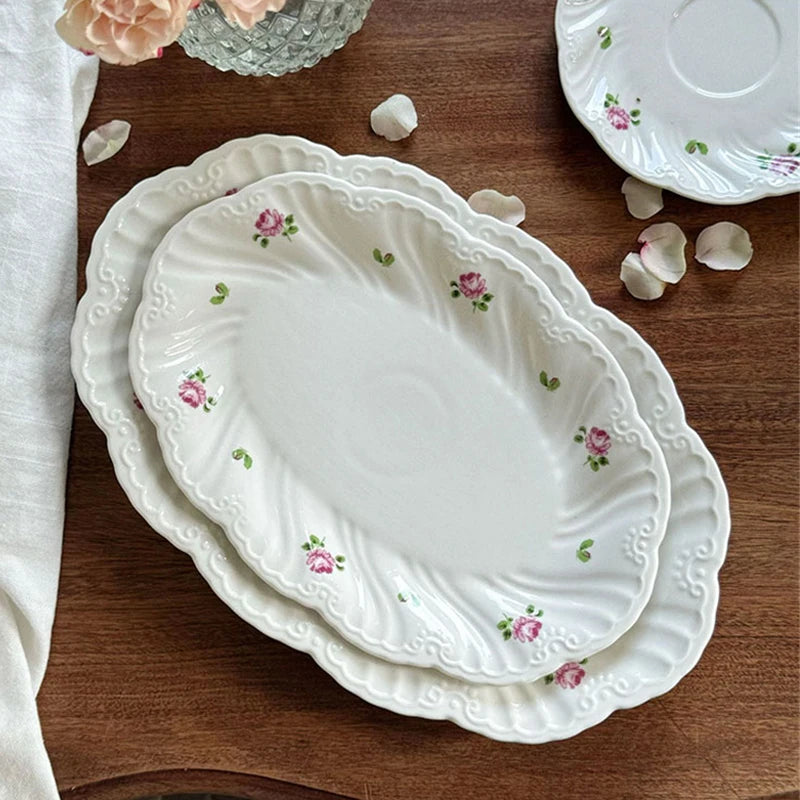 Ceramic Plate Set Coffee Cup Saucer Beautiful Tableware Vintage Rose Dessert Plate Dinner Dishes Gift Tea Cup Kitchen Supplies
