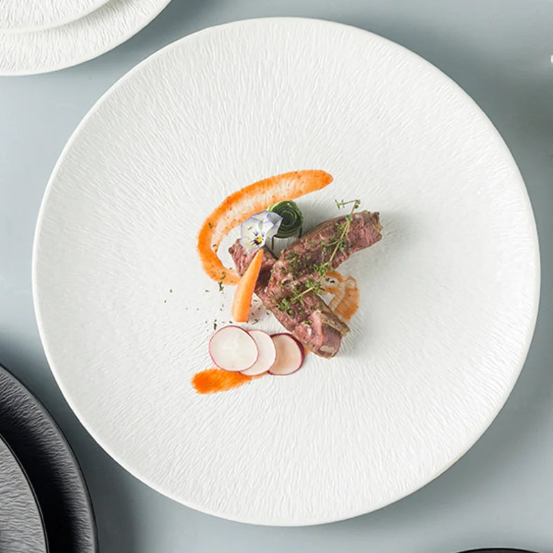 Restaurant Dishes, Round Frosted Ceramic Plates, Fruit Plates, Dessert Plates, Black and White Tableware, Utensils, Kitchenware