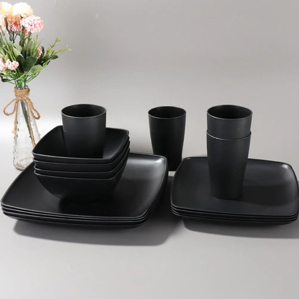 16pcs/Set Square Plastic Dinnerware Set Reusable Wheat Straw Tableware Suit Large Capacity Thickened Dinner Plate Set Salad