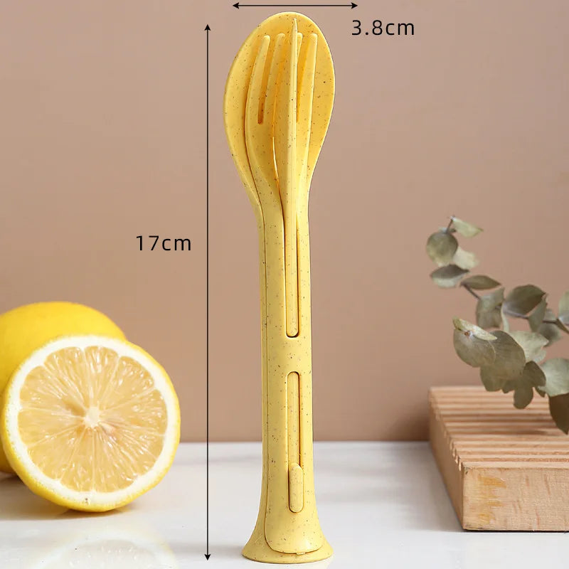 3PCS Portable Tableware Set Wheat Straw Dinnerware Detachable Cutlery Travel Tableware Picnic Dinnerware Set Camping Cutlery Set