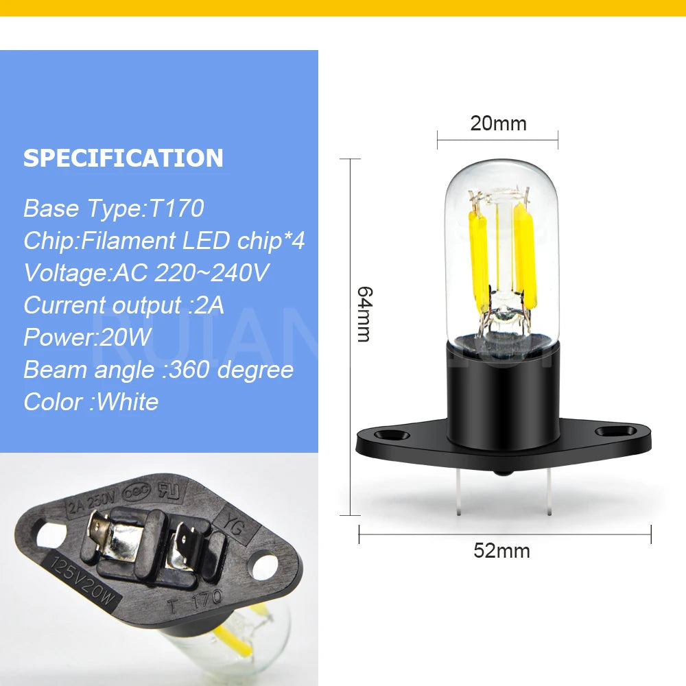 1PC T170 Household AC220-250V 20W LED Microwave Oven Lighting Bulb Small Appliance Bulb For Oven Stove Refrigerator With Base