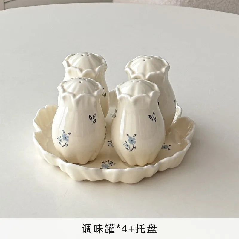Floral Dining Table Ceramic Tray Salt & Pepper Shakers Decoration Ornament Living Room Small Desktop Vase  Dinnerware