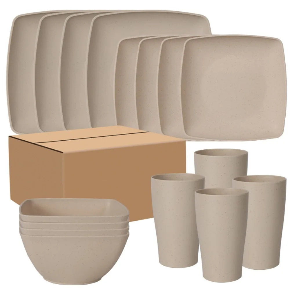 16pcs/Set Square Plastic Dinnerware Set Reusable Wheat Straw Tableware Suit Large Capacity Thickened Dinner Plate Set Salad