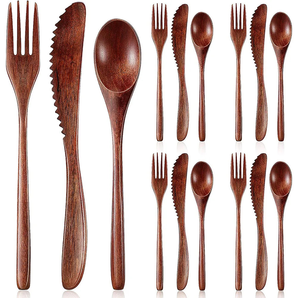 Wooden Cutlery Set For Dinner, Kitchen Flatware Tableware Utensil Set Includes Spoon, Fork, Knife