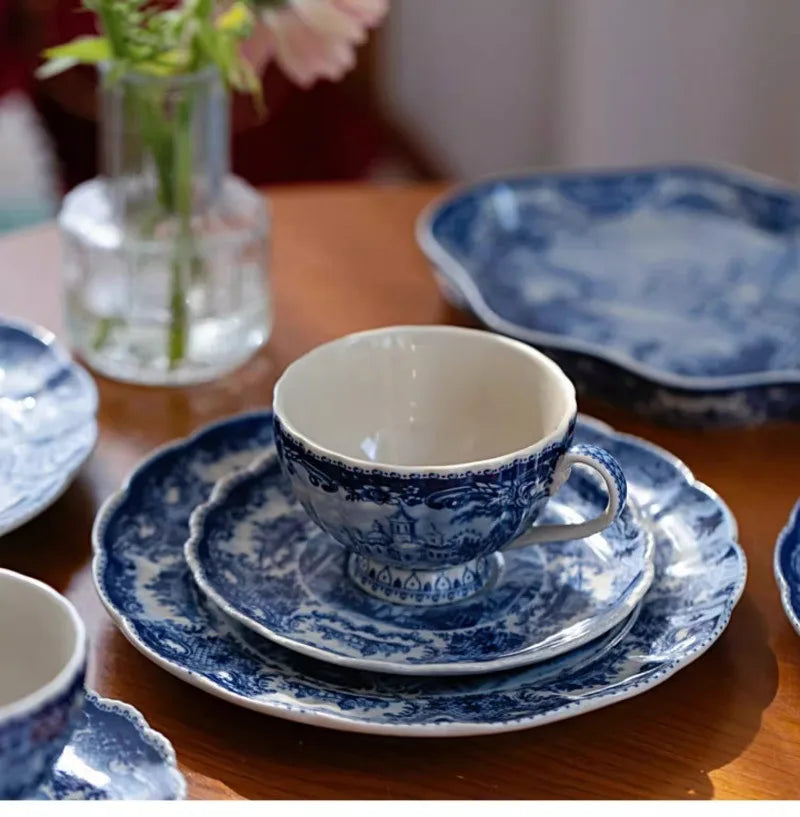 Blue and White Antique Blue Castle Coffee Cup Plate Dessert Plate Tableware Dining Table Decoration Tray Home Ceramic Plate