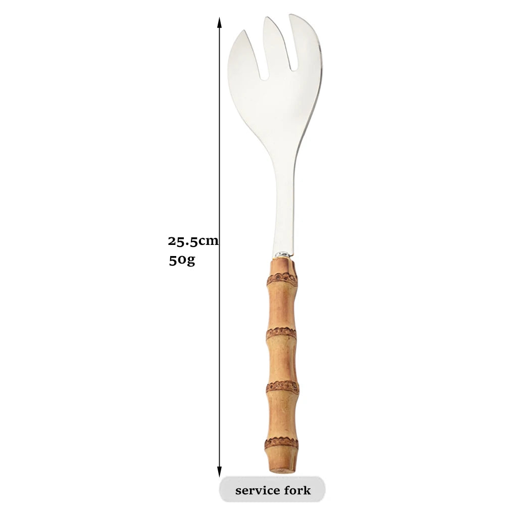 Vintage Stainless Steel Flatware Serving Salad Fork Spoons Dinnerware Bamboo Handle Cutlery Kitchen Accessories Tableware Set