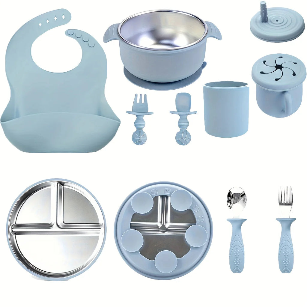 Children's tableware set, made of stainless steel and silicone, high temperature resistant, easy to clean, Christmas gift