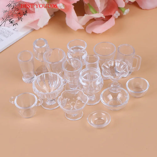 (YOUU06)17Pcs/Set 1:12 Dollhouse Miniature Transparent Tableware DIY Kitchenware Toys