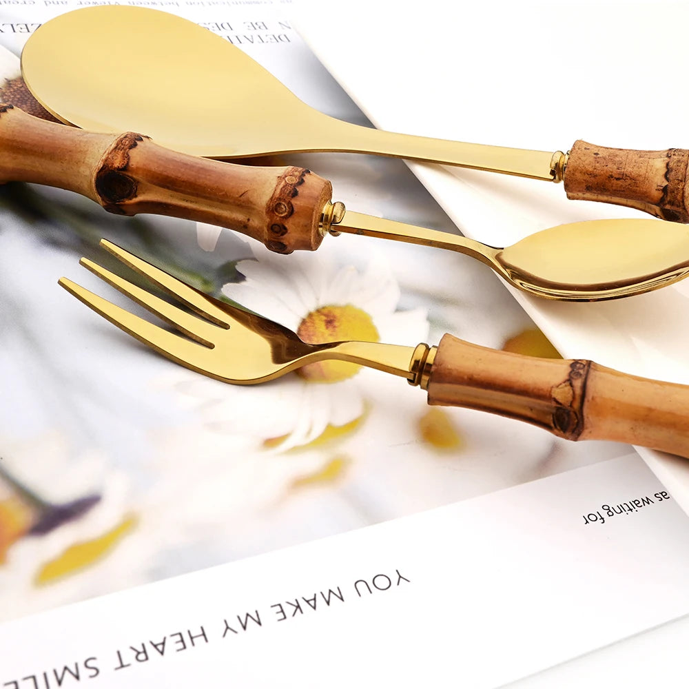 Vintage Stainless Steel Flatware Serving Salad Fork Spoons Dinnerware Bamboo Handle Cutlery Kitchen Accessories Tableware Set