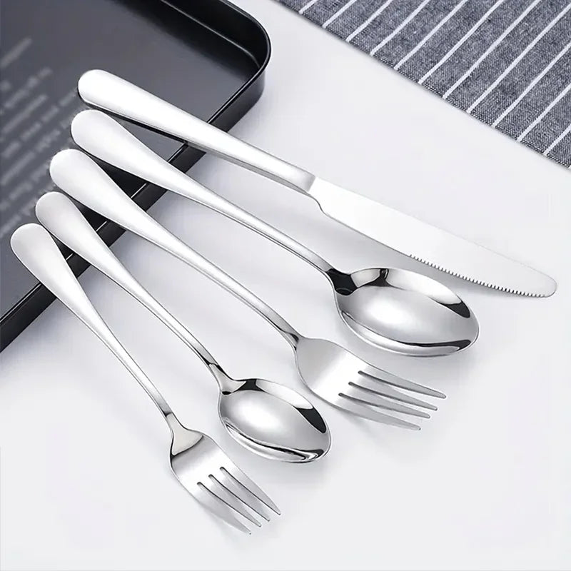 Stainless steel tableware set of 24 includes knife, fork, spoon, tea spoon and tea fork steak knife.
