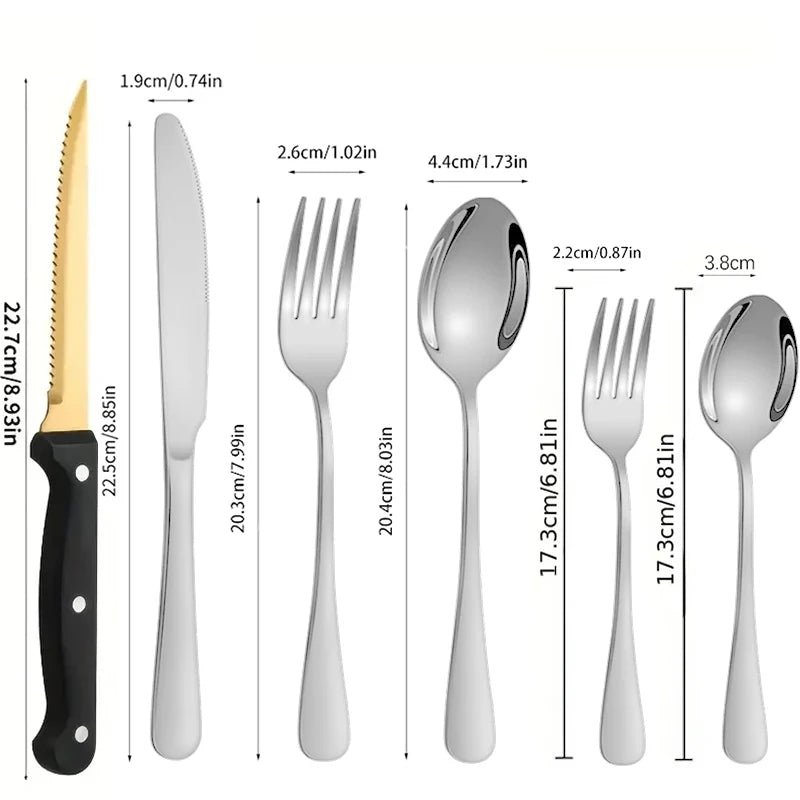 Stainless steel tableware set of 24 includes knife, fork, spoon, tea spoon and tea fork steak knife.