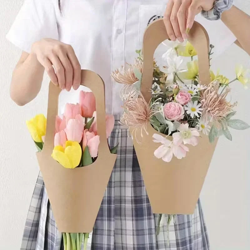 kraft Paper Bouquet Wrapping Gift Bags With Handles, Suitable For Thanksgiving, Birthdays, Wedding Parties, And Floral Gifts.