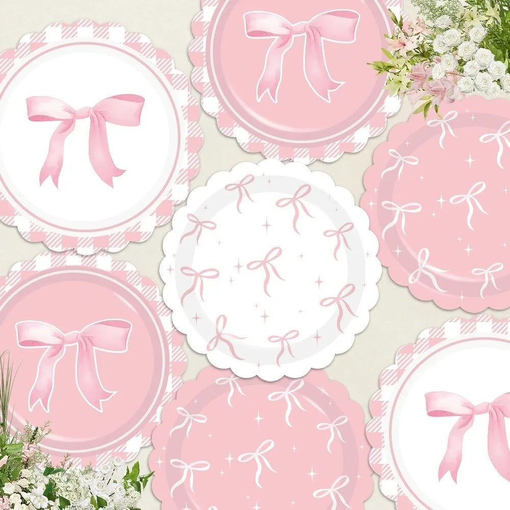 10pcs Paper Plates Bow Themed Party Decoration Bow Shape Pink Color Disposable Tableware Set Coquette Style Disposable Material