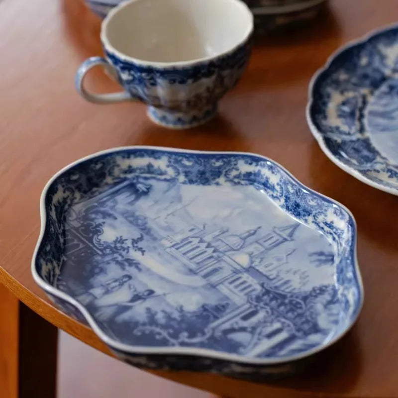 Blue and White Antique Blue Castle Coffee Cup Plate Dessert Plate Tableware Dining Table Decoration Tray Home Ceramic Plate