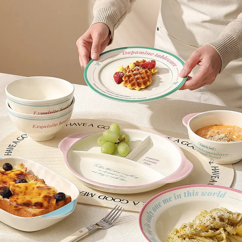 Tableware Bowl Plate Set Home Use,Including Bowls,Rice,Double Ear, Dividing Plates, Dessert Cups,High Aesthetic Value