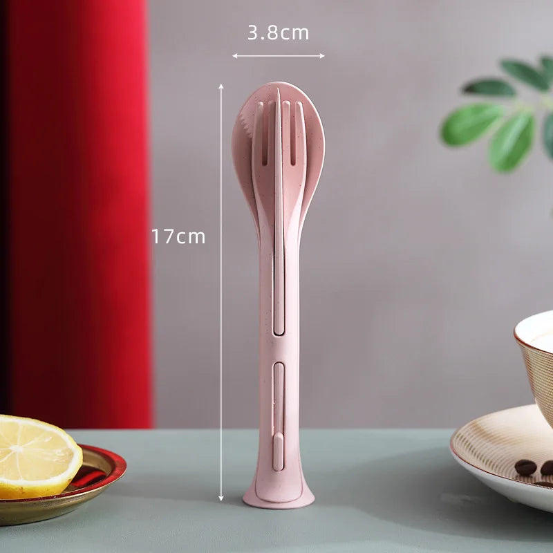 3PCS Portable Tableware Set Wheat Straw Dinnerware Detachable Cutlery Travel Tableware Picnic Dinnerware Set Camping Cutlery Set