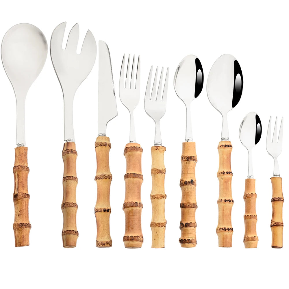 Vintage Stainless Steel Flatware Serving Salad Fork Spoons Dinnerware Bamboo Handle Cutlery Kitchen Accessories Tableware Set