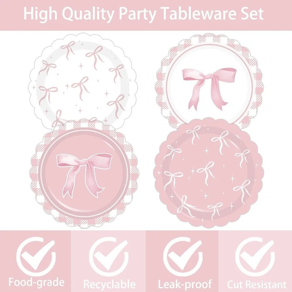 10pcs Paper Plates Bow Themed Party Decoration Bow Shape Pink Color Disposable Tableware Set Coquette Style Disposable Material