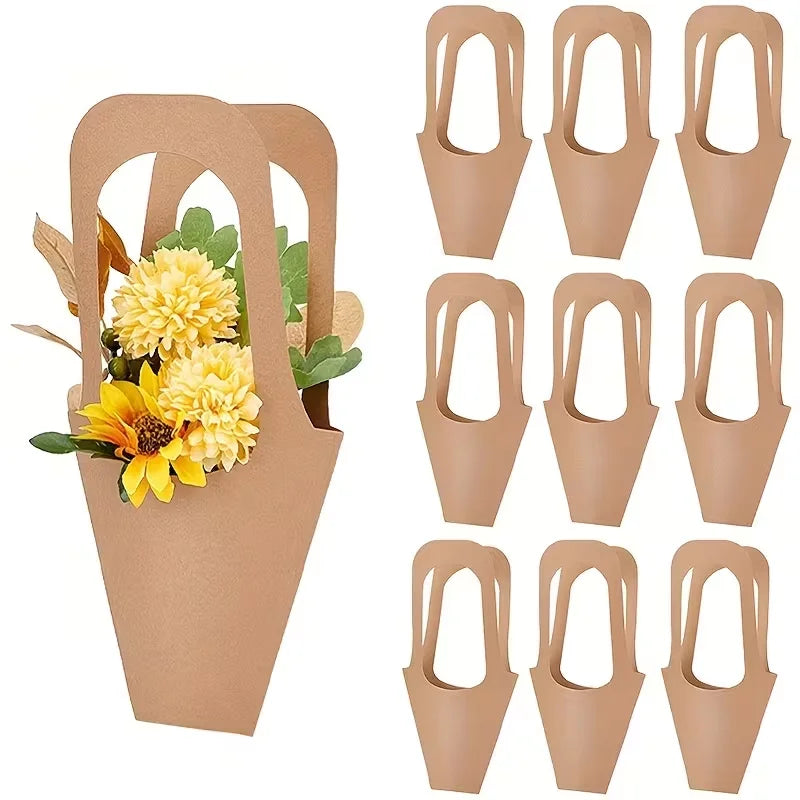 kraft Paper Bouquet Wrapping Gift Bags With Handles, Suitable For Thanksgiving, Birthdays, Wedding Parties, And Floral Gifts.