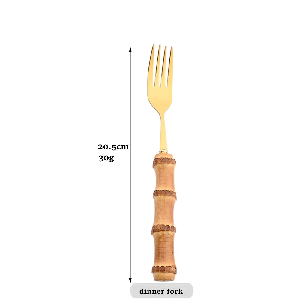 Vintage Stainless Steel Flatware Serving Salad Fork Spoons Dinnerware Bamboo Handle Cutlery Kitchen Accessories Tableware Set