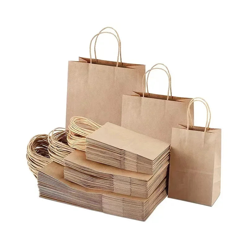 Kraft Paper Gift Bags With Handles 10/20/30/50/100PCS Shopping Carry Craft Brown White Bag Party Christmas Supplies