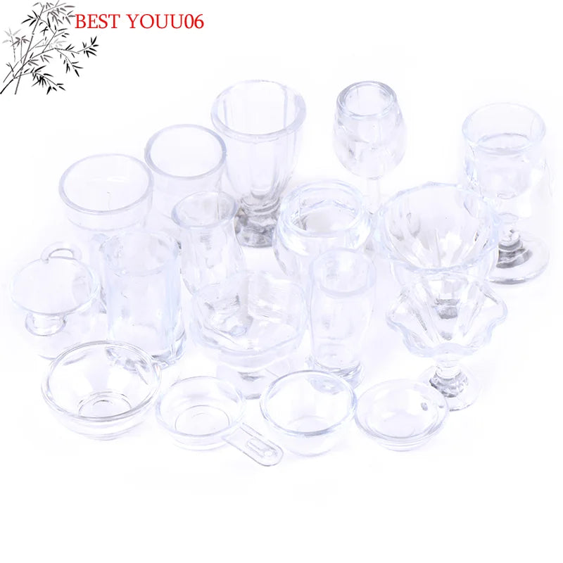 (YOUU06)17Pcs/Set 1:12 Dollhouse Miniature Transparent Tableware DIY Kitchenware Toys