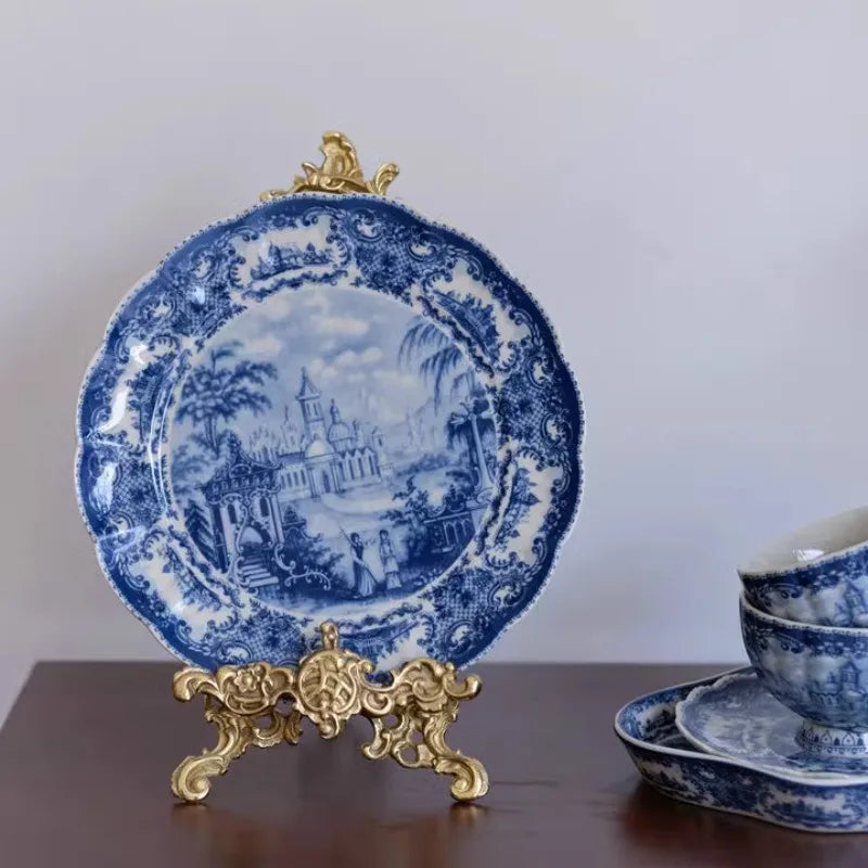 Blue and White Antique Blue Castle Coffee Cup Plate Dessert Plate Tableware Dining Table Decoration Tray Home Ceramic Plate