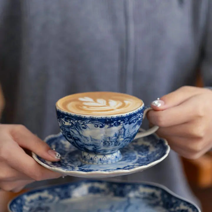 Blue and White Antique Blue Castle Coffee Cup Plate Dessert Plate Tableware Dining Table Decoration Tray Home Ceramic Plate