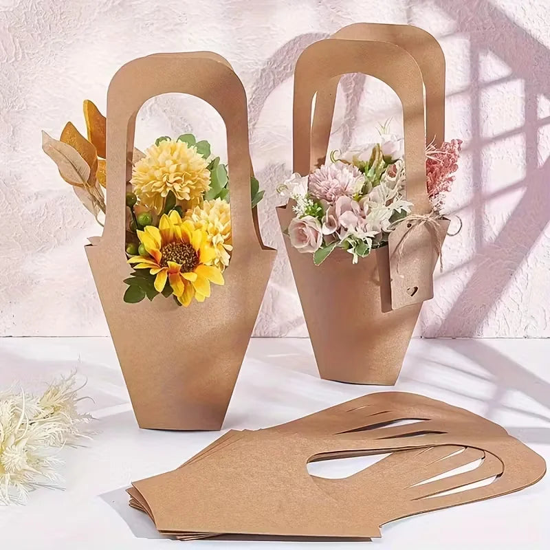 kraft Paper Bouquet Wrapping Gift Bags With Handles, Suitable For Thanksgiving, Birthdays, Wedding Parties, And Floral Gifts.