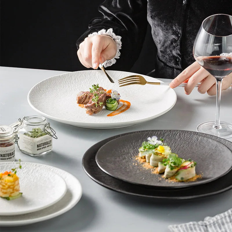 Restaurant Dishes, Round Frosted Ceramic Plates, Fruit Plates, Dessert Plates, Black and White Tableware, Utensils, Kitchenware