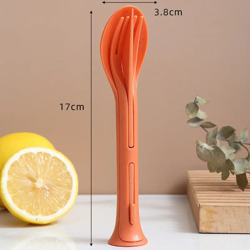 3PCS Portable Tableware Set Wheat Straw Dinnerware Detachable Cutlery Travel Tableware Picnic Dinnerware Set Camping Cutlery Set