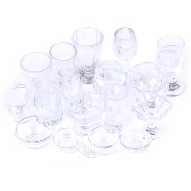 (YOUU06)17Pcs/Set 1:12 Dollhouse Miniature Transparent Tableware DIY Kitchenware Toys