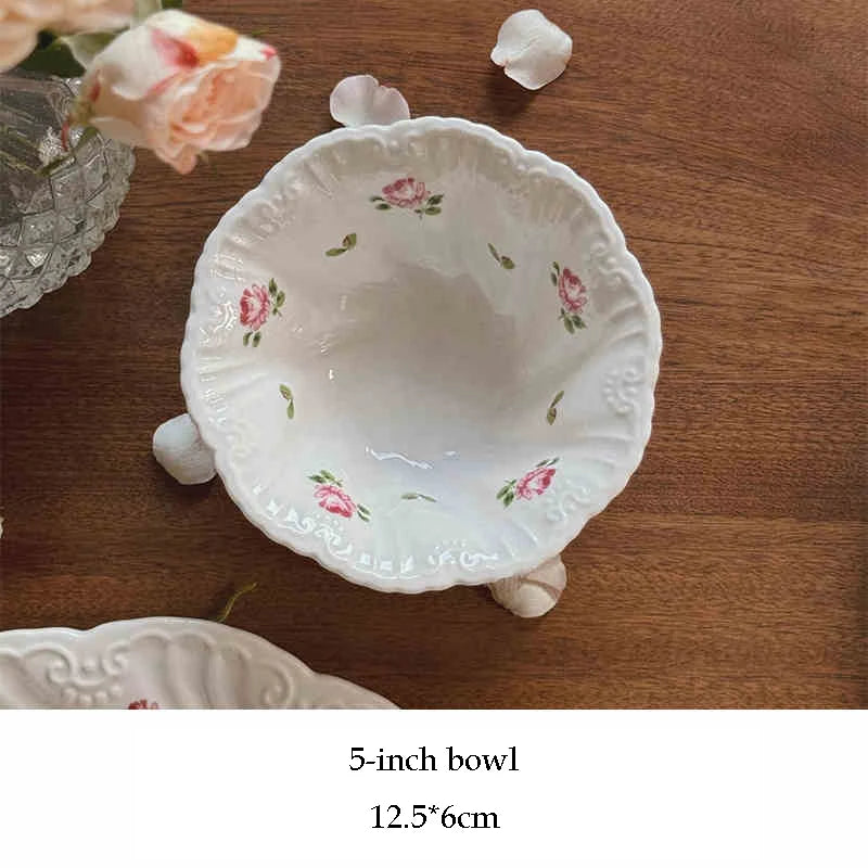 Ceramic Plate Set Coffee Cup Saucer Beautiful Tableware Vintage Rose Dessert Plate Dinner Dishes Gift Tea Cup Kitchen Supplies