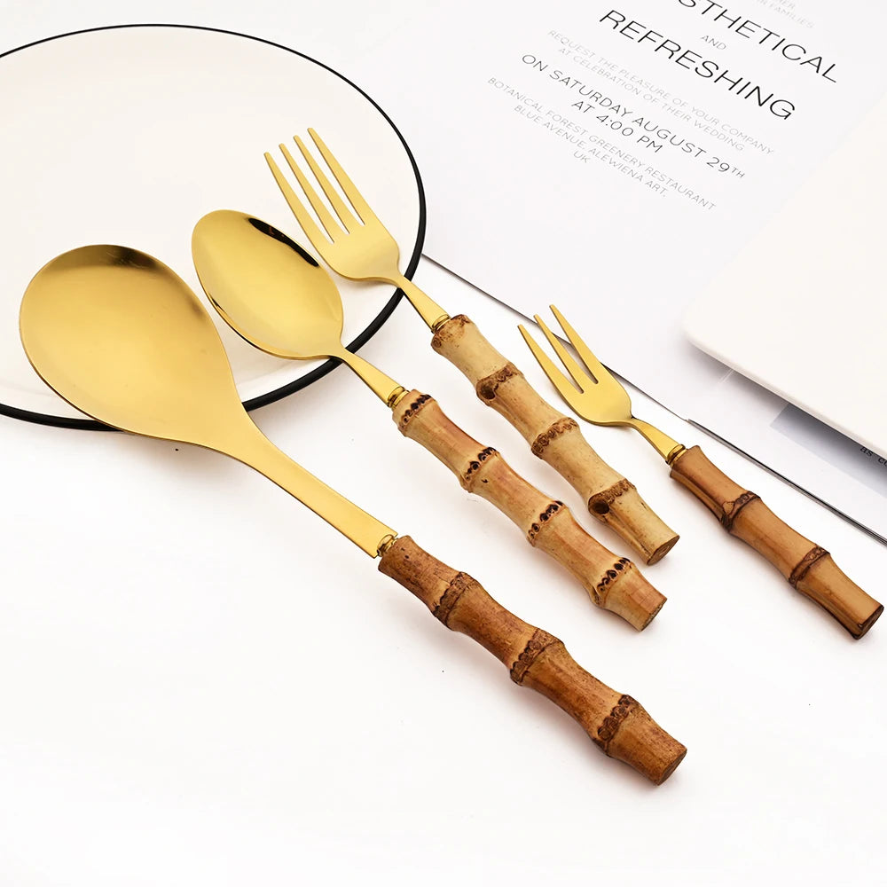 Vintage Stainless Steel Flatware Serving Salad Fork Spoons Dinnerware Bamboo Handle Cutlery Kitchen Accessories Tableware Set
