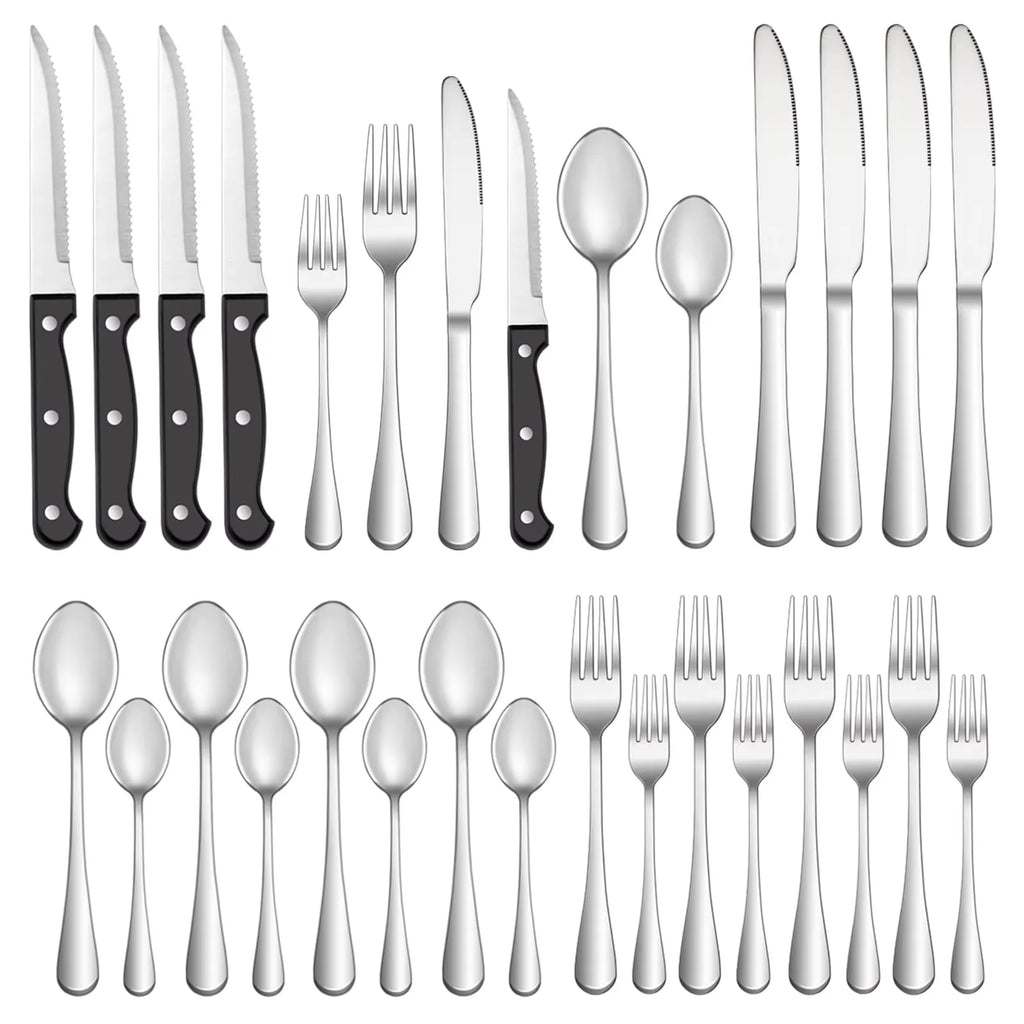 Stainless steel tableware set of 24 includes knife, fork, spoon, tea spoon and tea fork steak knife.