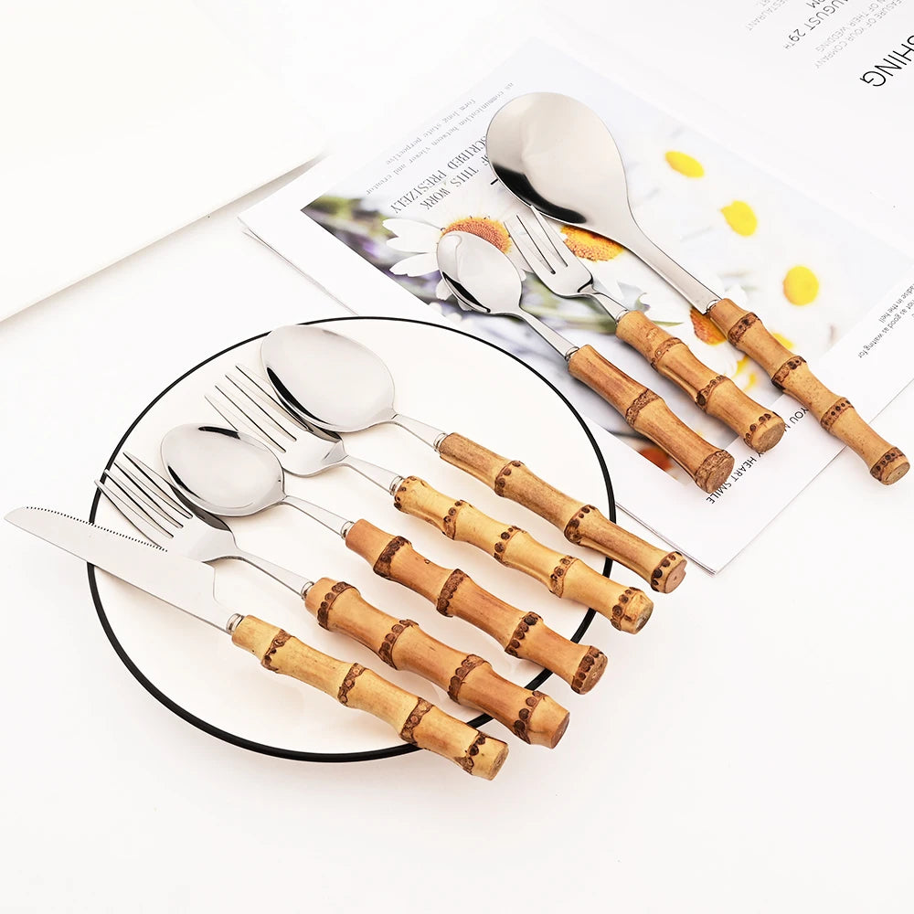 Vintage Stainless Steel Flatware Serving Salad Fork Spoons Dinnerware Bamboo Handle Cutlery Kitchen Accessories Tableware Set