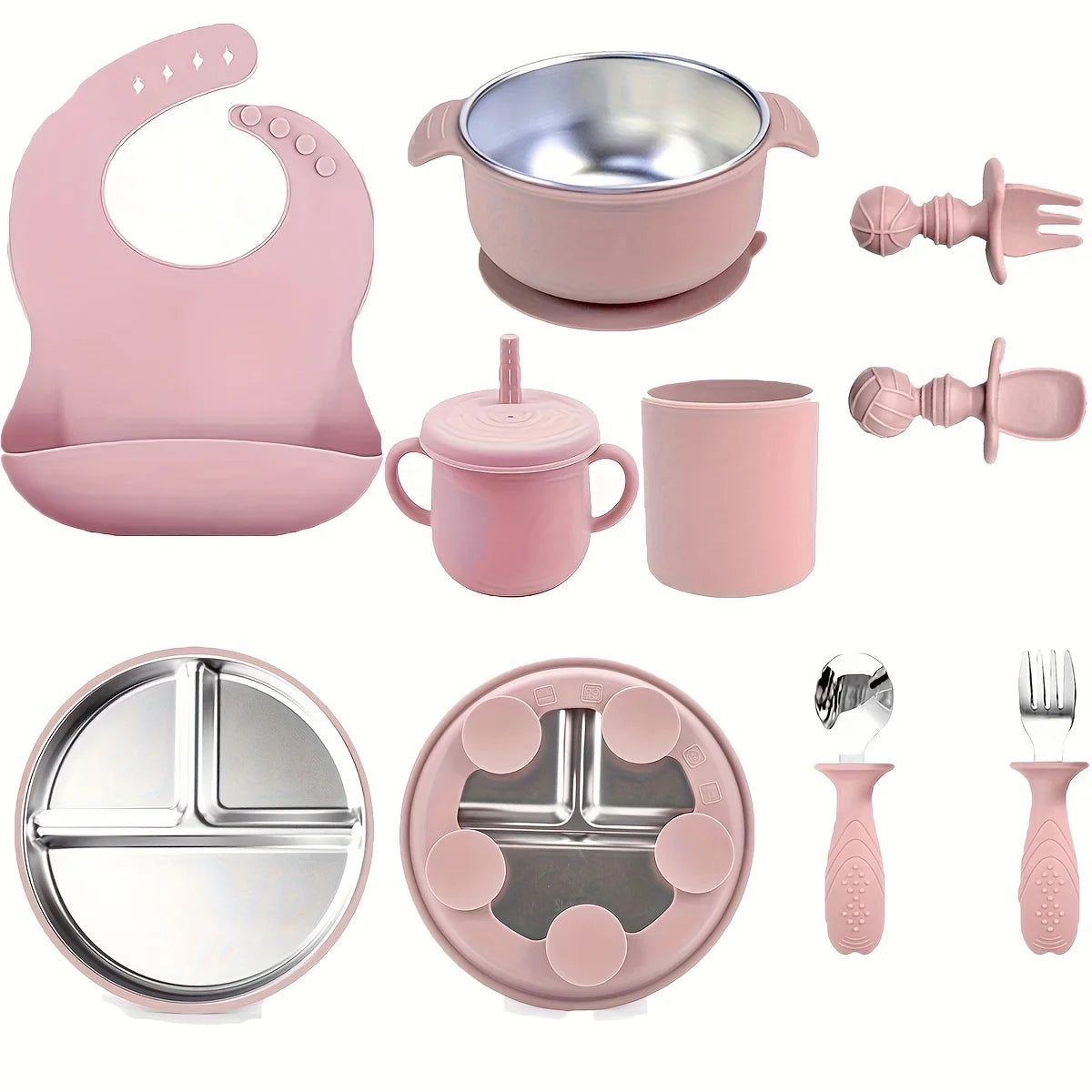 Children's tableware set, made of stainless steel and silicone, high temperature resistant, easy to clean, Christmas gift