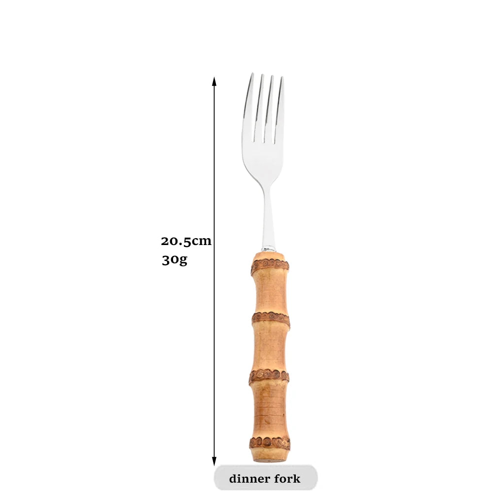 Vintage Stainless Steel Flatware Serving Salad Fork Spoons Dinnerware Bamboo Handle Cutlery Kitchen Accessories Tableware Set