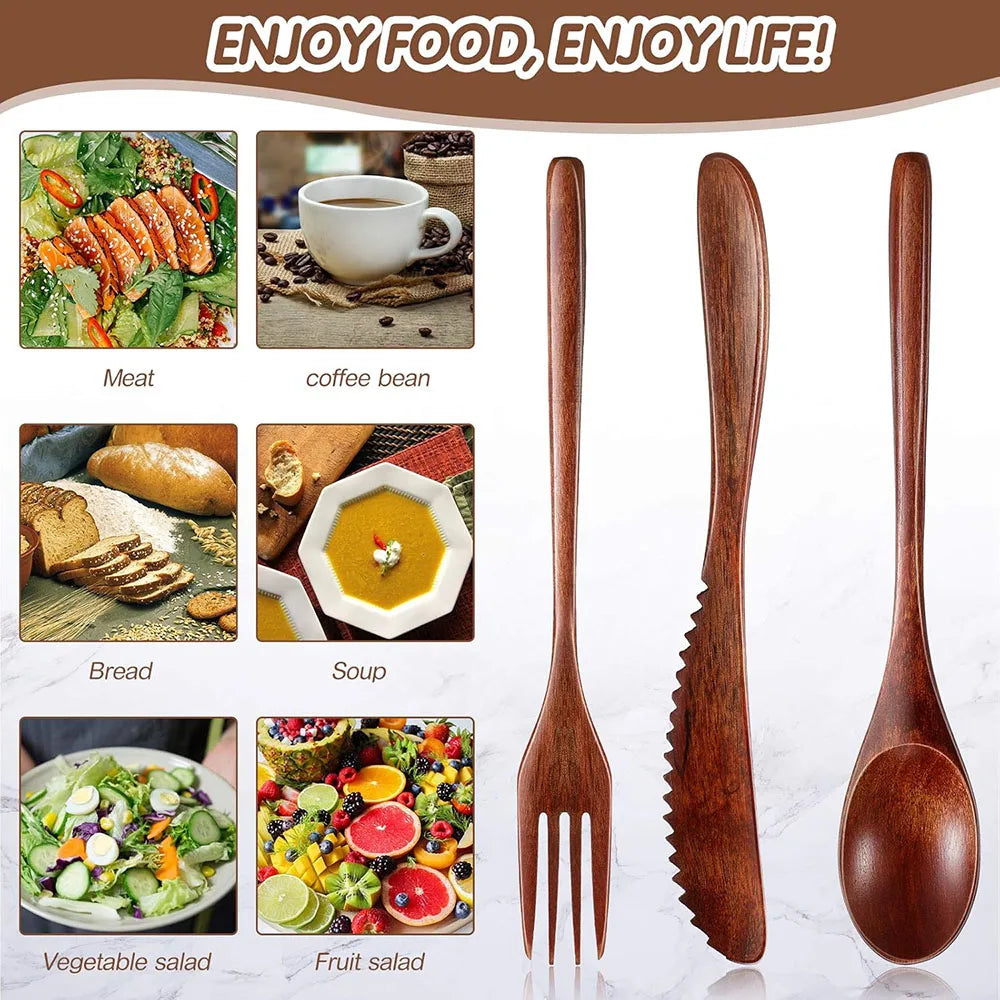 Wooden Cutlery Set For Dinner, Kitchen Flatware Tableware Utensil Set Includes Spoon, Fork, Knife